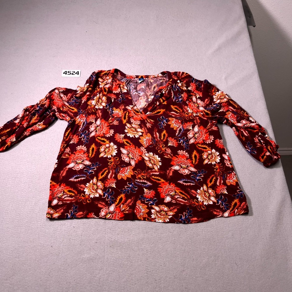 Old Navy Blouse Womens XL Orange Floral Print V Neck Long Sleeve Pullover